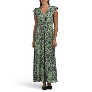 LONDON TIMES Black/Green Flutter Sleeve Smocked V-neck Maxi Dress